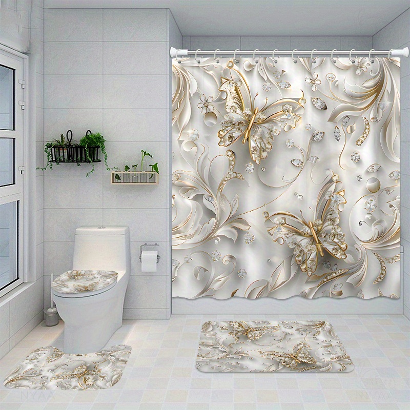 Bamboo Bath Mat - 4pcs Elegant Butterfly Shower Curtain Set