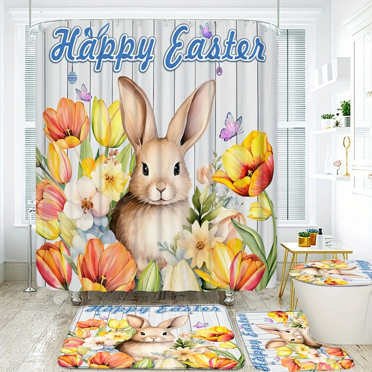 4pcs Cute Rabbit Easter Patter - Bamboo Bath Mat ulasan dan harga